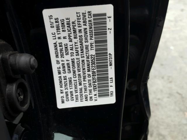 19XFB2F89FE230522 - 2015 HONDA CIVIC EX შავი ფოტო 10