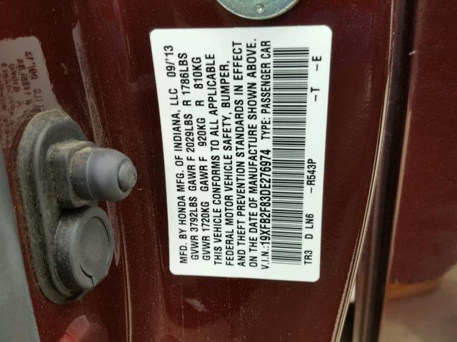 19XFB2F83DE276974 - 2013 HONDA CIVIC EX BURGUNDY photo 10