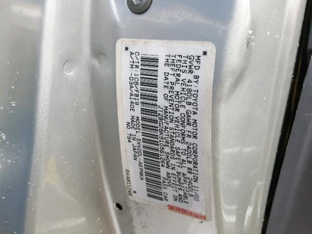 JT2BG28K910561264 - 2001 TOYOTA CAMRY LE GRAY photo 10