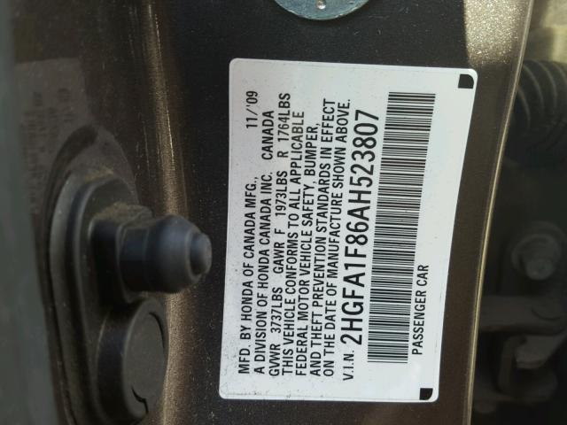 2HGFA1F86AH523807 - 2010 HONDA CIVIC EX გრაფიტი ფოტო 10