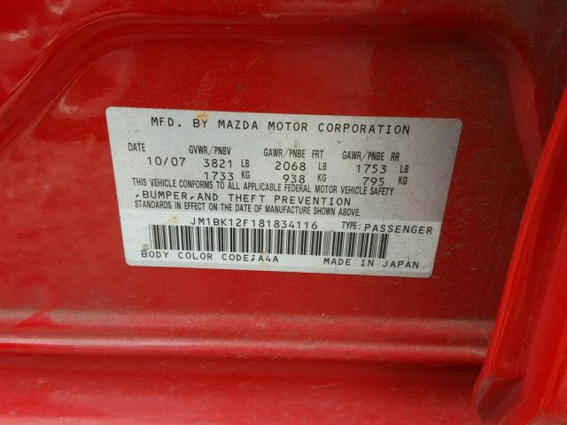 JM1BK12F181834116 - 2008 MAZDA 3 I RED photo 10