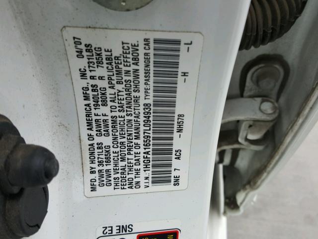 1HGFA16597L094938 - 2007 HONDA CIVIC LX WHITE photo 10