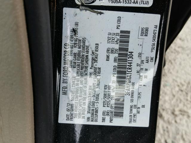 3FAHP0HA1CR441304 - 2012 FORD FUSION SE BLACK photo 10