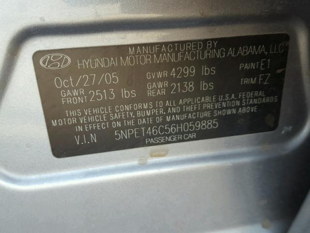 5NPET46C56H059885 - 2006 HYUNDAI SONATA GL GRAY photo 10