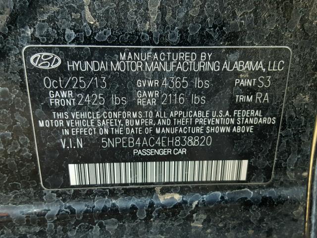 5NPEB4AC4EH838820 - 2014 HYUNDAI SONATA GLS BLACK photo 10