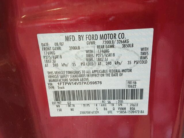 1FTPW14V57KD59576 - 2007 FORD F150 SUPER RED photo 10