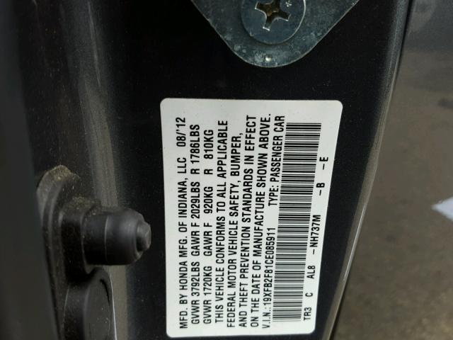 19XFB2F81CE085911 - 2012 HONDA CIVIC EX GRAY photo 10