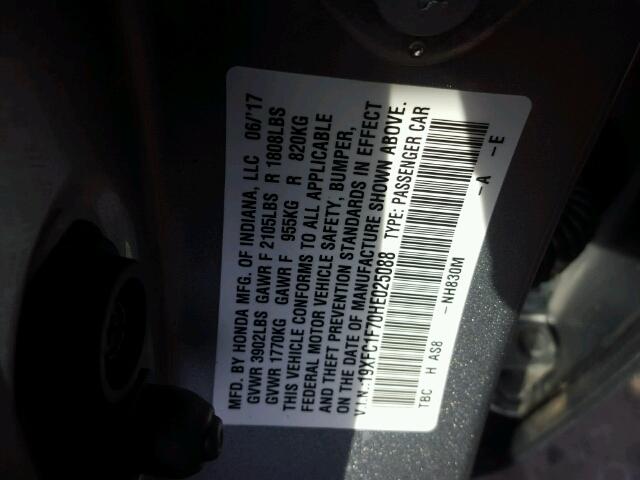 19XFC1F70HE025088 - 2017 HONDA CIVIC EXL SILVER photo 10