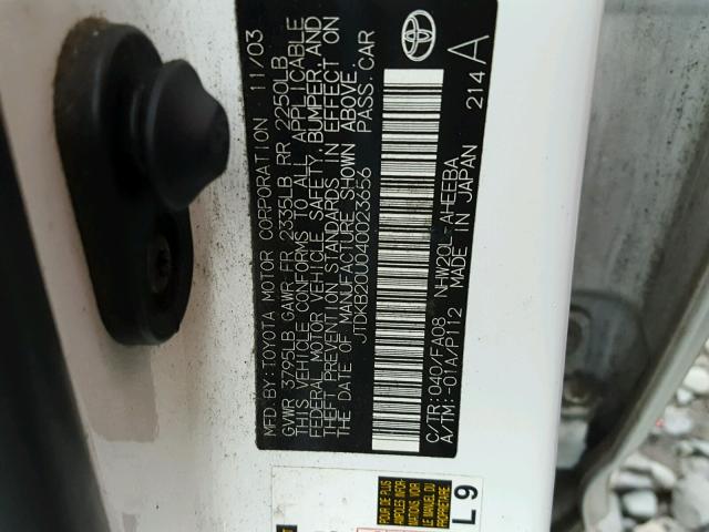 JTDKB20U040023656 - 2004 TOYOTA PRIUS WHITE photo 10