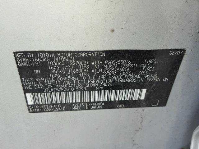 JTLKE50E381015993 - 2008 SCION XB SILVER photo 10