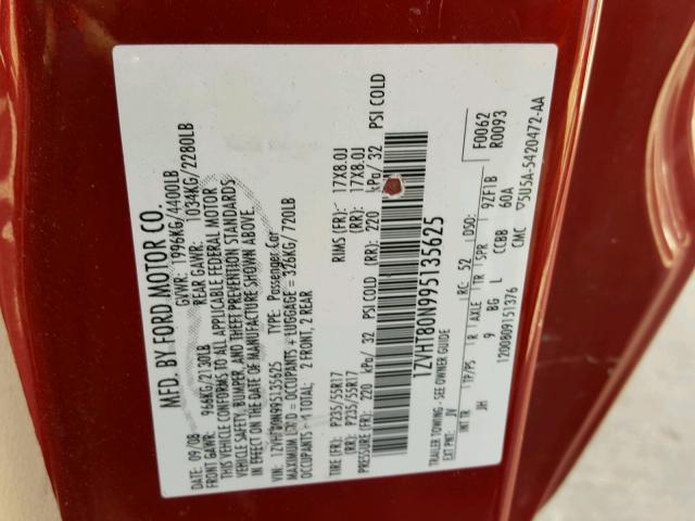 1ZVHT80N995135625 - 2009 FORD MUSTANG RED photo 10