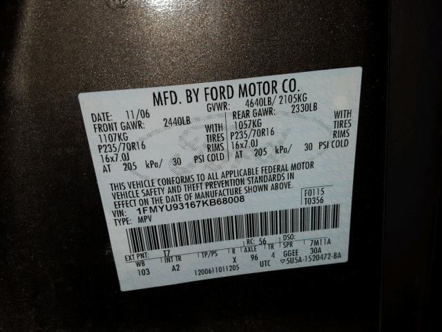 1FMYU93167KB68008 - 2007 FORD ESCAPE XLT GRAY photo 10