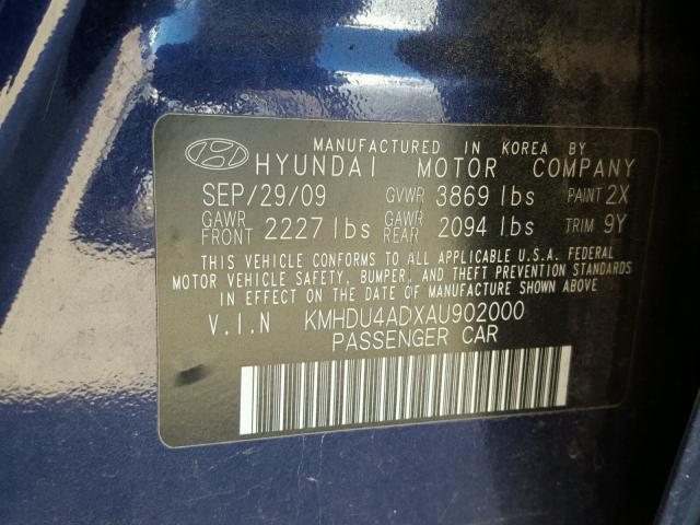 KMHDU4ADXAU902000 - 2010 HYUNDAI ELANTRA BL BLUE photo 10