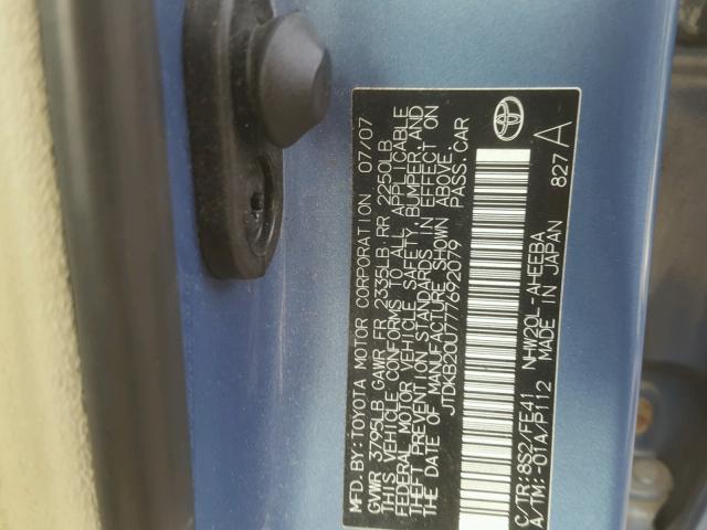 JTDKB20U777692079 - 2007 TOYOTA PRIUS BLUE photo 10