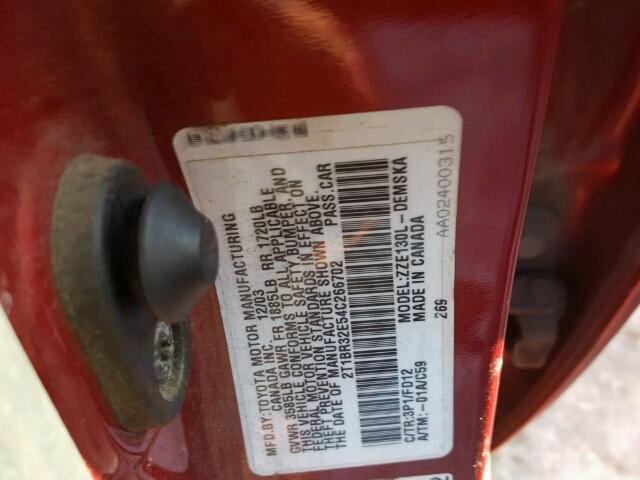 2T1BR32E54C266702 - 2004 TOYOTA COROLLA CE RED photo 10