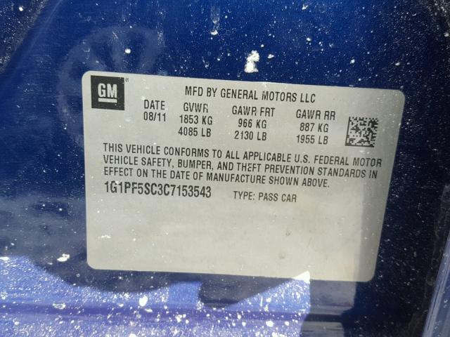 1G1PF5SC3C7153543 - 2012 CHEVROLET CRUZE LT BLUE photo 10