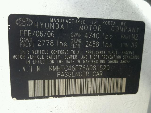 KMHFC46F76A081520 - 2006 HYUNDAI AZERA SE WHITE photo 10