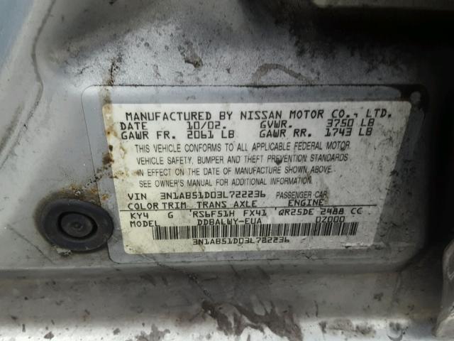 3N1AB51D03L722236 - 2003 NISSAN SENTRA SE- SILVER photo 10