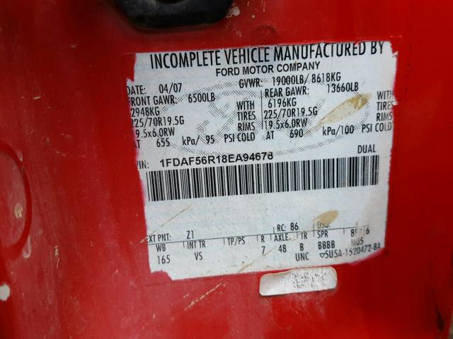 1FDAF56R18EA94678 - 2008 FORD F550 SUPER RED photo 10