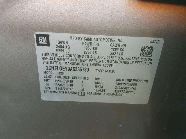 2CNFLGEY9A6336789 - 2010 CHEVROLET EQUINOX LT GRAY photo 10