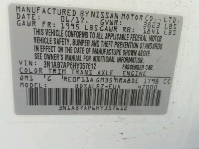 3N1AB7AP6HY357612 - 2017 NISSAN SENTRA S WHITE photo 10