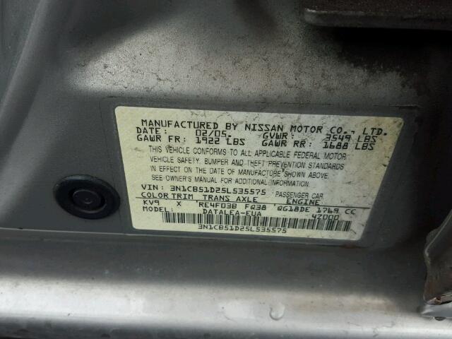 3N1CB51D25L535575 - 2005 NISSAN SENTRA 1.8 TAN photo 10