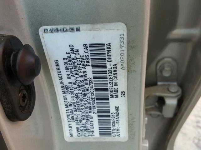 2T1KR32E13C047332 - 2003 TOYOTA MATRIX SILVER photo 10