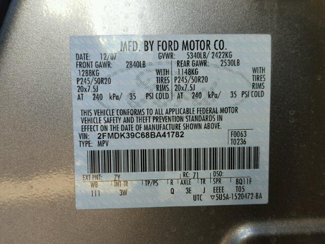 2FMDK39C68BA41782 - 2008 FORD EDGE LIMIT CHARCOAL photo 10