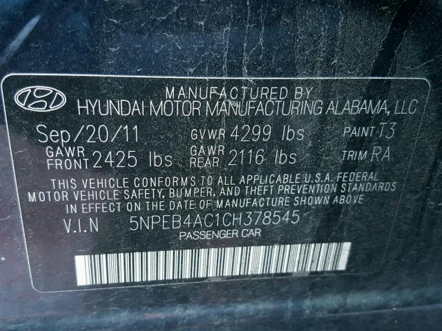 5NPEB4AC1CH378545 - 2012 HYUNDAI SONATA GLS BLUE photo 10