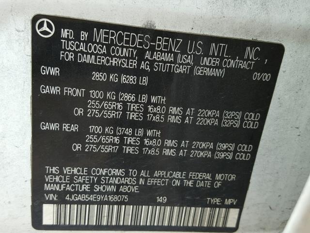 4JGAB54E9YA168075 - 2000 MERCEDES-BENZ ML 320 WHITE photo 10