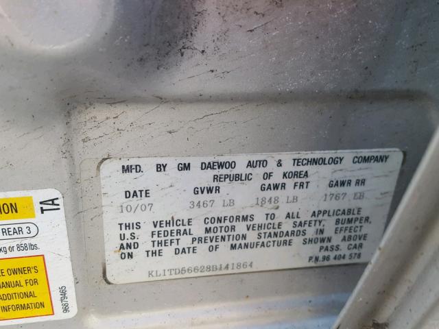 KL1TD56628B141864 - 2008 CHEVROLET AVEO BASE SILVER photo 10