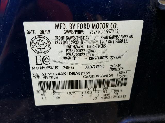 2FMDK4AK1DBA87751 - 2013 FORD EDGE SPORT BLUE photo 10