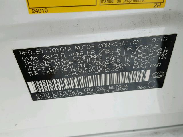 JTHCE1KSXB0029252 - 2011 LEXUS GS 350 WHITE photo 10