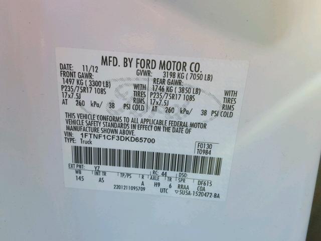 1FTNF1CF3DKD65700 - 2013 FORD F150 WHITE photo 10