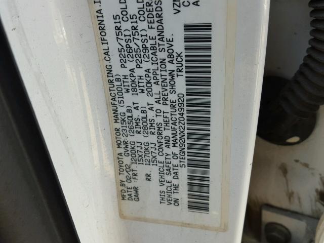 5TEGN92NX2Z049920 - 2002 TOYOTA TACOMA DOU WHITE photo 10