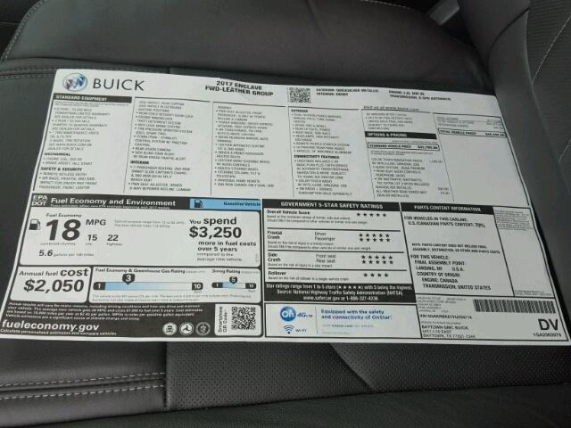 5GAKRBKD7HJ254774 - 2017 BUICK ENCLAVE SILVER photo 9