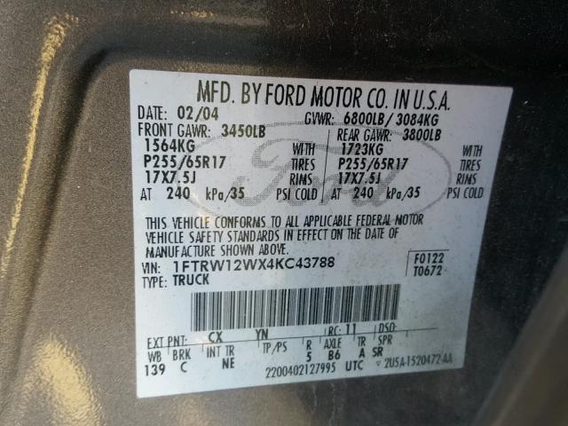 1FTRW12WX4KC43788 - 2004 FORD F150 SUPER GRAY photo 10