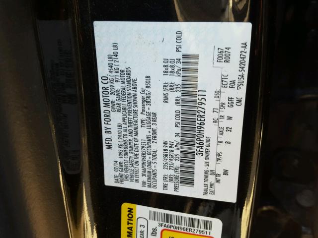 3FA6P0H96ER279511 - 2014 FORD FUSION SE BLACK photo 10