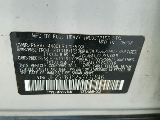 JF2SH63629G731846 - 2009 SUBARU FORESTER 2 GRAY photo 10