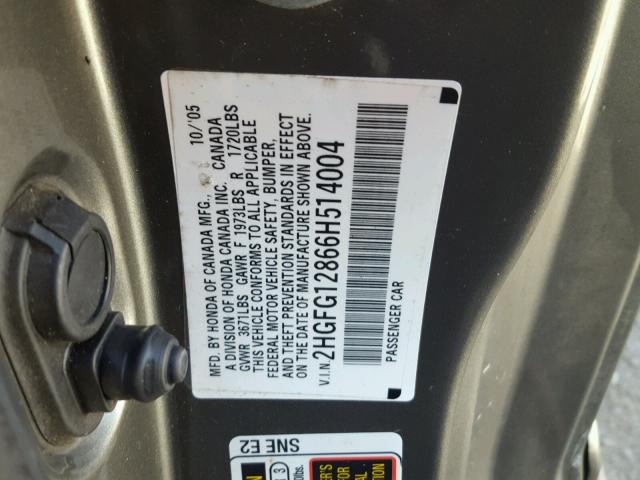 2HGFG12866H514004 - 2006 HONDA CIVIC EX ნაცრისფერი ფოტო 10