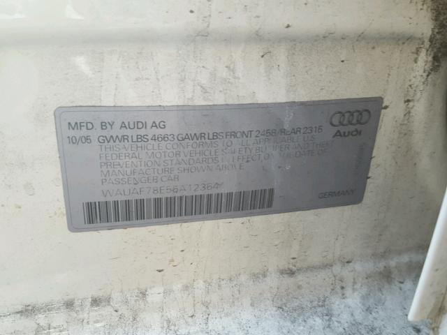 WAUAF78E56A123644 - 2006 AUDI A4 2 WHITE photo 10