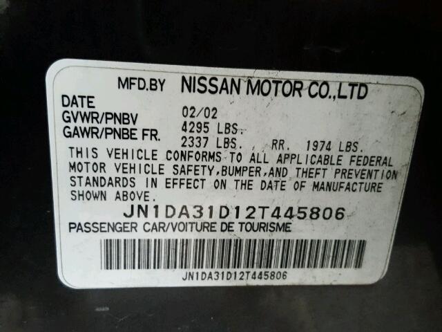 JN1DA31D12T445806 - 2002 NISSAN MAXIMA GLE GRAY photo 10