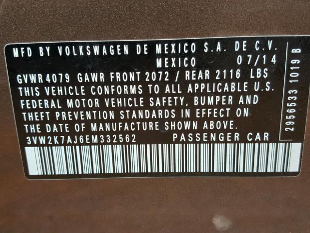 3VW2K7AJ6EM332562 - 2014 VOLKSWAGEN JETTA BASE TWO TONE photo 10
