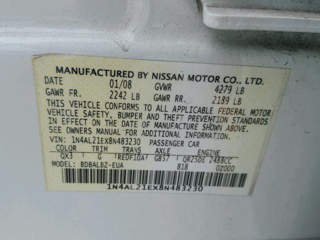 1N4AL21EX8N483230 - 2008 NISSAN ALTIMA 2.5 WHITE photo 10