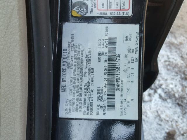 3FAHP07196R136736 - 2006 FORD FUSION SE BLACK photo 10