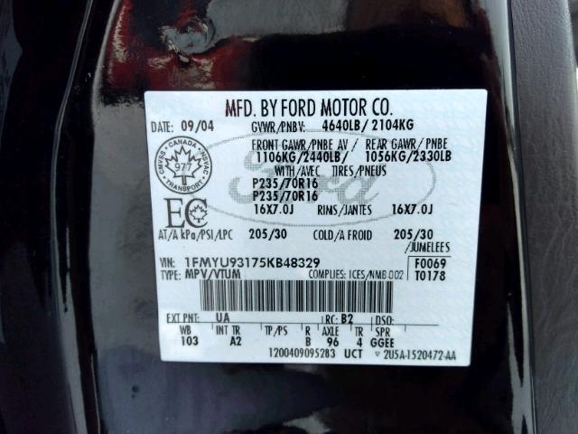 1FMYU93175KB48329 - 2005 FORD ESCAPE XLT BLACK photo 9