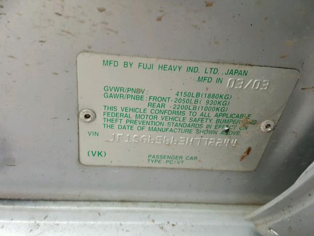 JF1SG65663H772244 - 2003 SUBARU FORESTER 2 SILVER photo 10