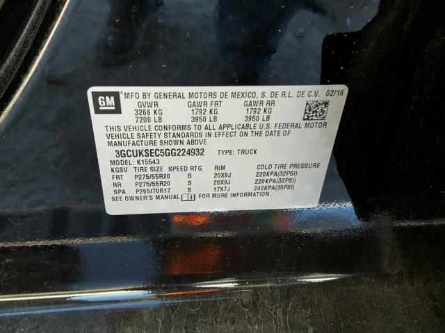 3GCUKSEC5GG224932 - 2016 CHEVROLET SILVERADO BLACK photo 10