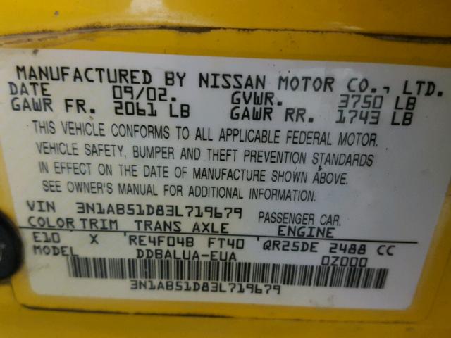 3N1AB51D83L719679 - 2003 NISSAN SENTRA SE- YELLOW photo 10