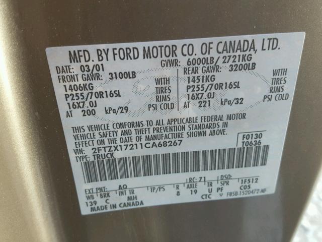 2FTZX17211CA68267 - 2001 FORD F150 TAN photo 10